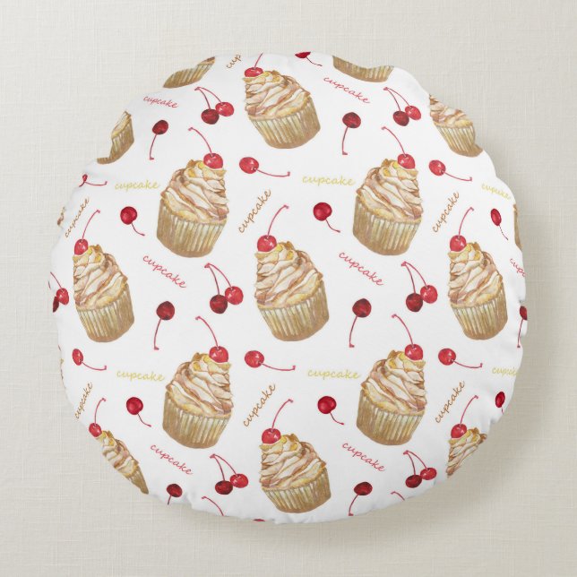 Almofada Redonda Cupcakes de aquarela (Frente)