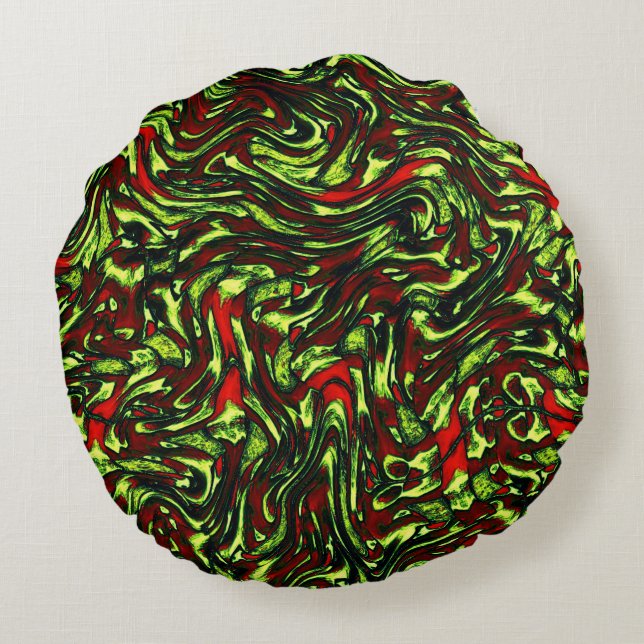 Almofada Redonda Curvas de amarelo-esverdeado e vermelho vívido (Verso)