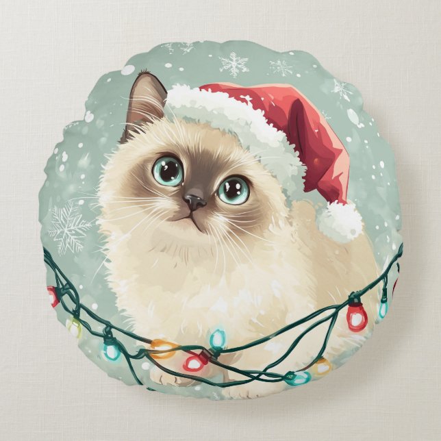 Almofada Redonda Cushion de um gato com chapéu de Natal (Frente)