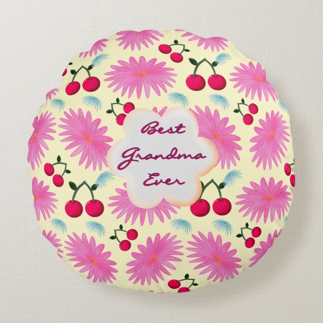 Almofada Redonda Custom Bright Pink Floral Cherry Pattern  (Frente)