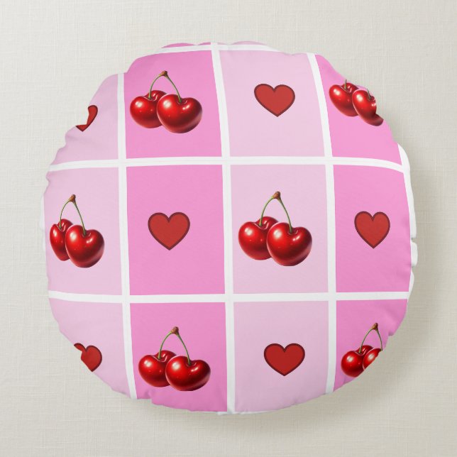 Almofada Redonda Custom Cherry Heart Checkerboard Pattern (Frente)