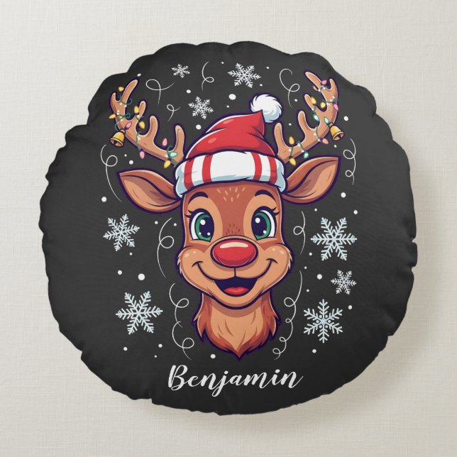 Almofada Redonda Custom Christmas Cheer Cute Reindeer in Hat  (Frente)