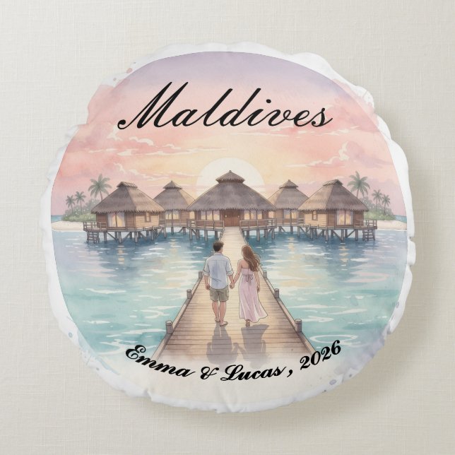 Almofada Redonda Custom Couple Maldives Honeymoon Keepsake (Frente)