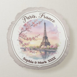 Almofada Redonda Custom Couple's Paris & Cherry Blossom Keepsake