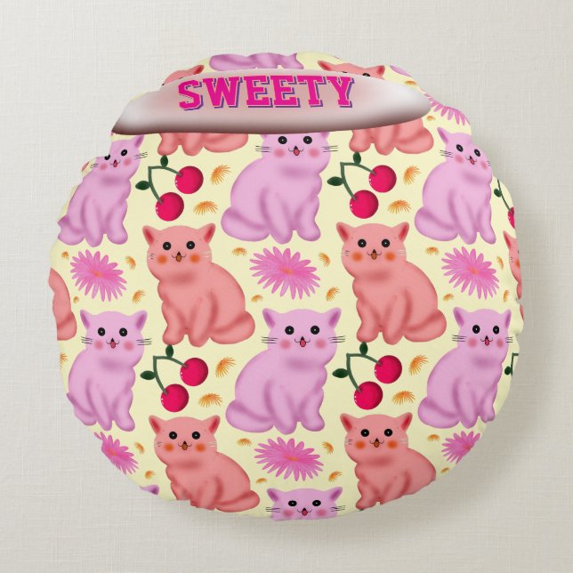Almofada Redonda Custom Cute Cat Cherry Floral Pattern (Frente)