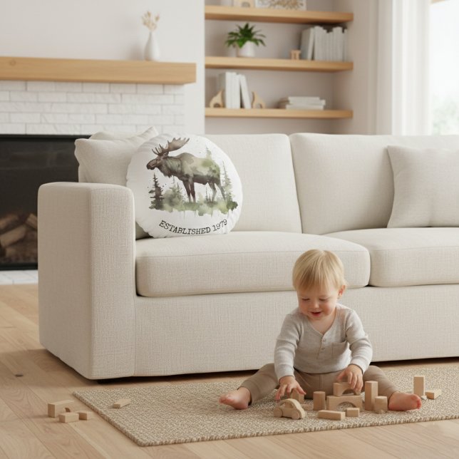 Almofada Redonda Custom "Established 1979" Watercolor Moose (Criador carregado)