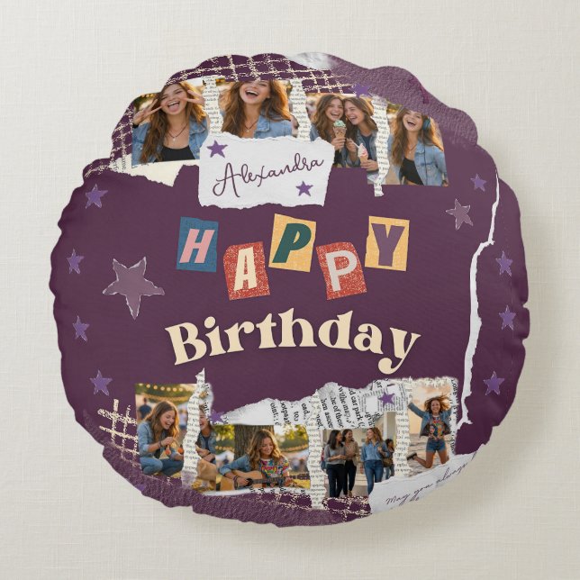 Almofada Redonda Custom Purple Scrapbook Birthday Photo Collage (Frente)