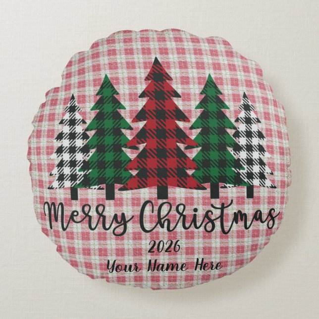 Almofada Redonda Customizable Plaid Merry Christmas Round Pillow (Frente)