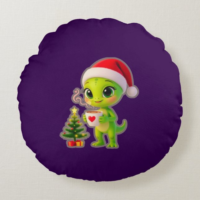 Almofada Redonda **Cute 3D Green Alien in Santa Hat with Hot Chocol (Frente)