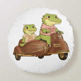 Almofada Redonda Cute Alligators on Vintage Scooter with Sidecar Il