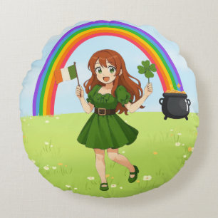 Almofada Redonda Cute anime ruiva dia de São Patrício  