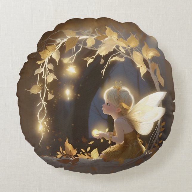Almofada Redonda Cute Autumn Fairy with Glowing Flowers (Frente)