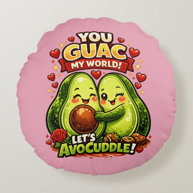 Almofada Redonda Cute Avocado Valentine’s Love Design, kawaii Love (Frente)