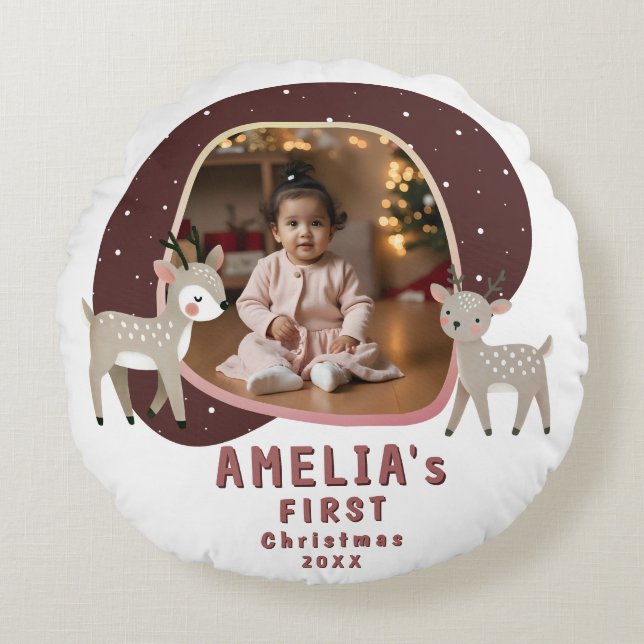 Almofada Redonda Cute Baby's 1st Christmas Photo Reindeer (Frente)