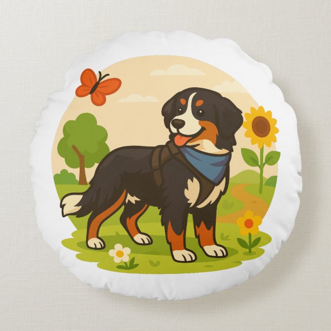 Almofada Redonda Cute Bernese Mountain Dog with Sunflower & Butterf (Frente)