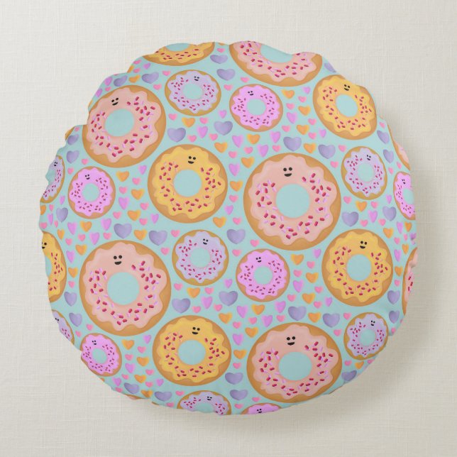 Almofada Redonda Cute Blue Pink Pastel Donuts & Hearts (Frente)