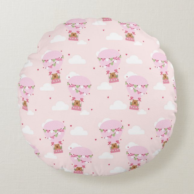 Almofada Redonda Cute Capybara Hot Air Balloon (Frente)