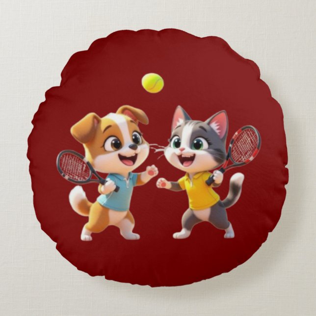 Almofada Redonda Cute Cartoon Dog and Cat Playing Padel Tennis – Fu (Frente)