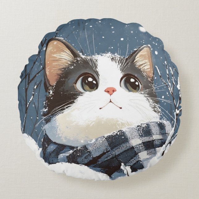 Almofada Redonda Cute cat cozy winter snow (Frente)