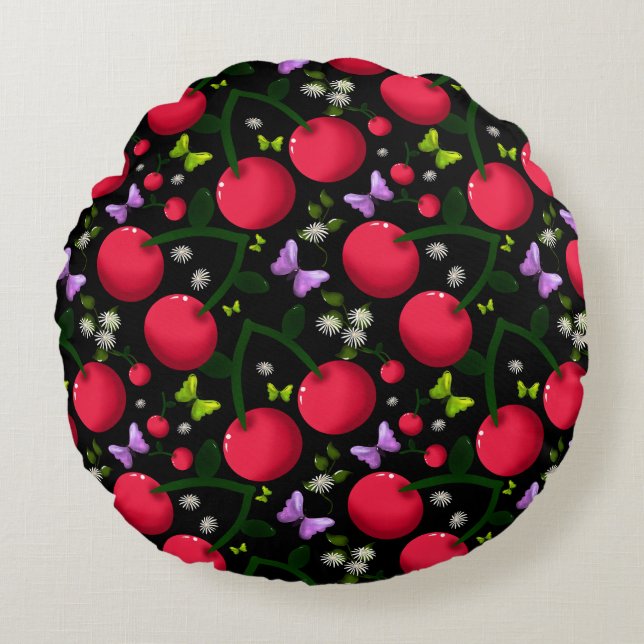 Almofada Redonda Cute Cherry Butterfly Pattern, Glossy Kawaii Fruit (Frente)