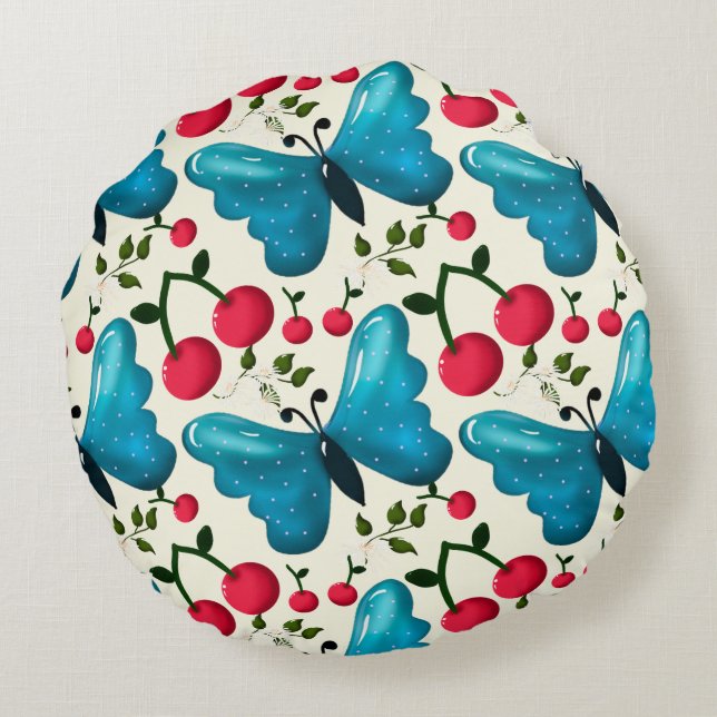 Almofada Redonda Cute Cherry Butterfly Pattern, Glossy Kawaii Fruit (Verso)