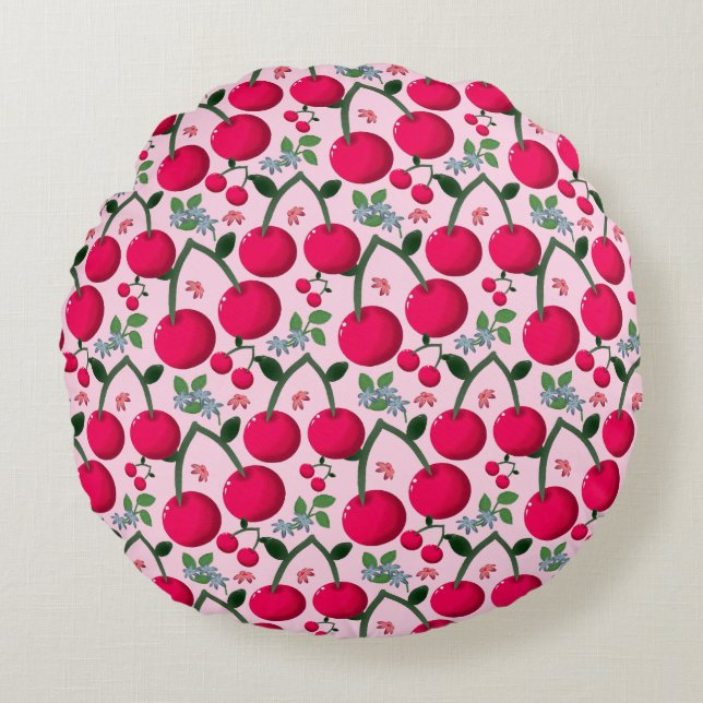 Almofada Redonda Cute Cherry  Pattern, Glossy Kawaii Fruit (Frente)