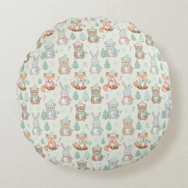 Almofada Redonda Cute Christmas Animals Seamless Pattern (Frente)