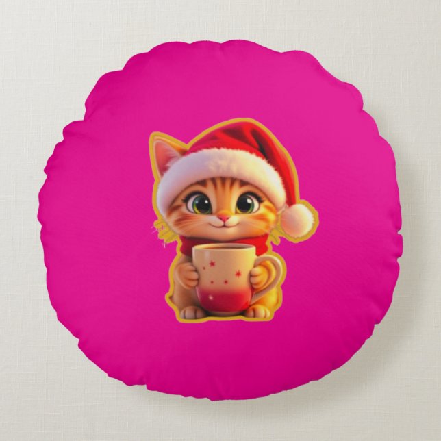Almofada Redonda **Cute Christmas Cat with Santa Hat – Funny Holida (Frente)