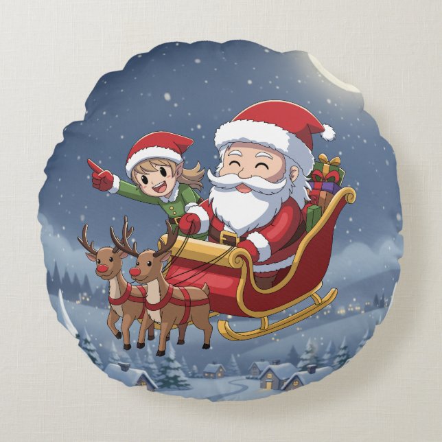 Almofada Redonda Cute Christmas Chibi Santa and Elf Round Pillow (Frente)
