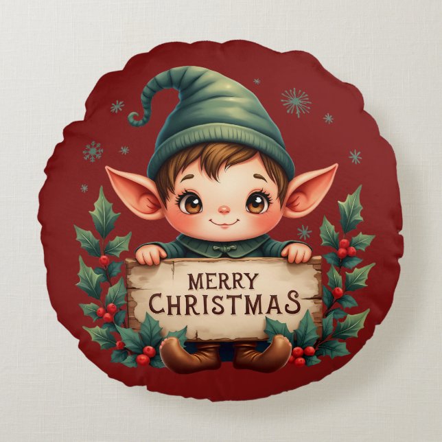 Almofada Redonda Cute Christmas Elf Holding Merry Sign (Frente)