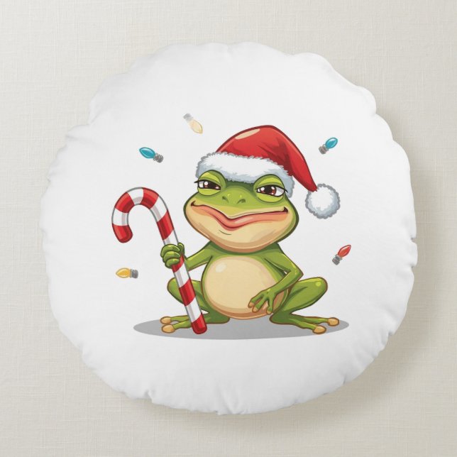 Almofada Redonda Cute Christmas Frog With Candy Cane - Funny Holida (Frente)