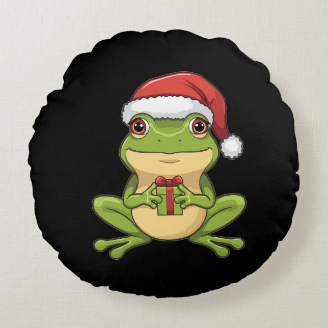 Almofada Redonda Cute Christmas Frog with Santa Hat Holding  Gift - (Frente)