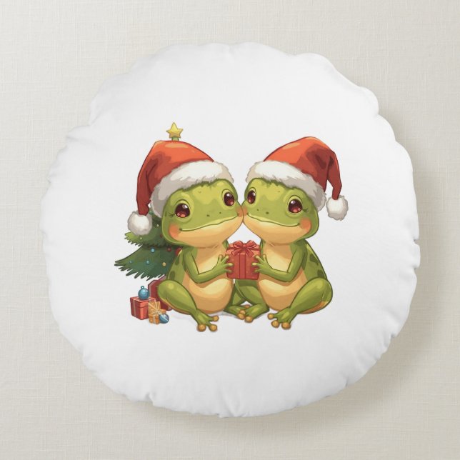 Almofada Redonda Cute Christmas Frogs Holding Gifts  Adorable Holid (Frente)