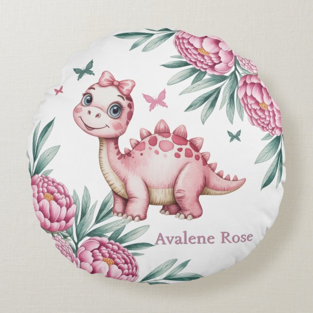 Almofada Redonda Cute Dinosaur with Butterflies Baby Shower Gift (Frente)