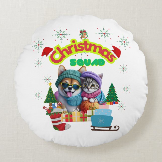 Almofada Redonda Cute dog and cat Christmas squad design  (Frente)