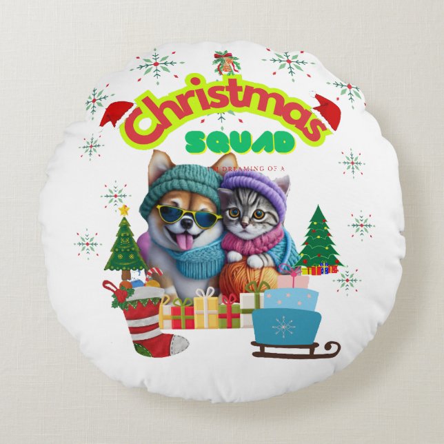 Almofada Redonda Cute dog and cat Christmas squad design  (Frente)
