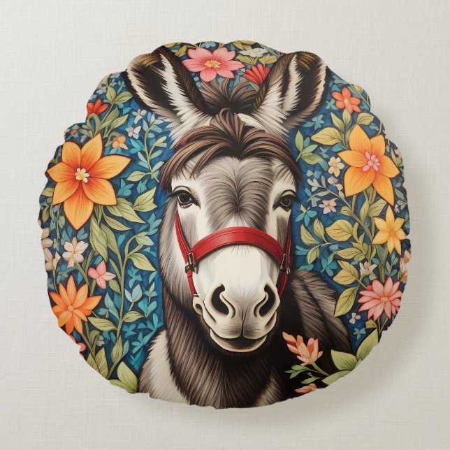 Almofada Redonda Cute Donkey On Colorful Floral Background (Frente)
