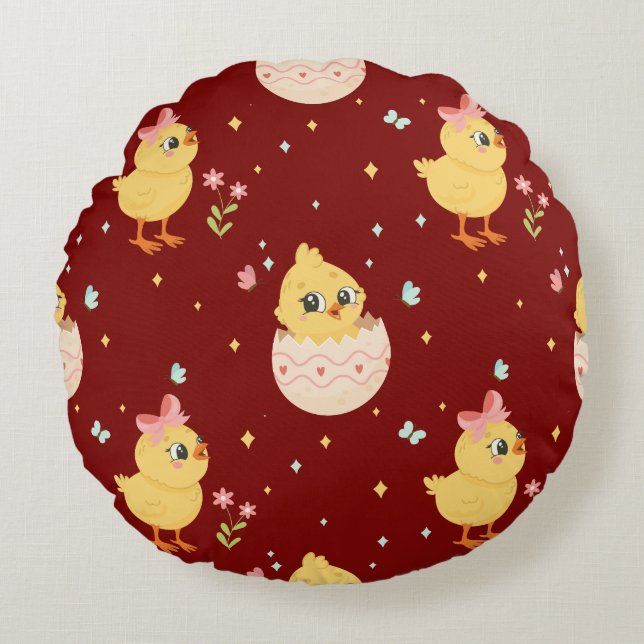 Almofada Redonda Cute Easter Chick with Pink Bow Seamless Pattern  (Frente)
