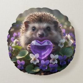 Almofada Redonda Cute February Hedgehog with Amethyst Heart