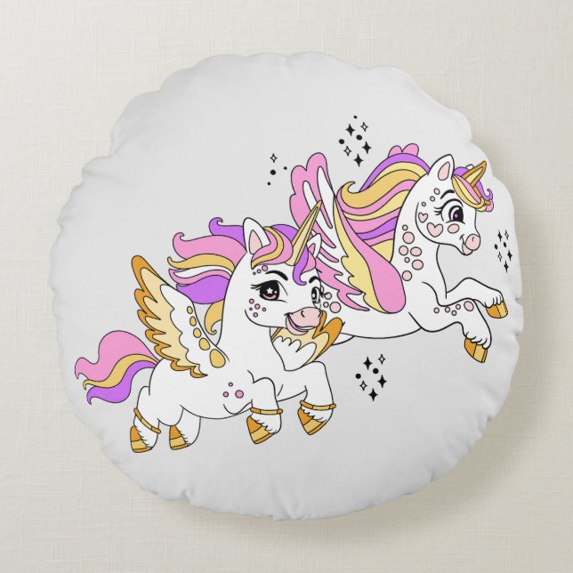 Almofada Redonda Cute flying unicorns  (Frente)