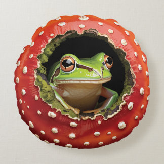 Almofada Redonda Cute Frog in Mushroom – Whimsical Cottagecore Frog