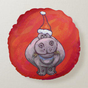 Almofada Redonda Cute Hippo em Santa Hat em Vermelho