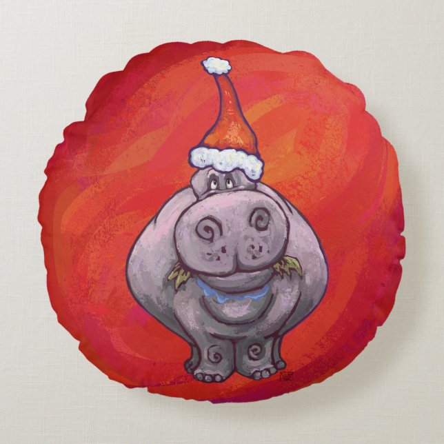 Almofada Redonda Cute Hippo em Santa Hat em Vermelho (Frente)
