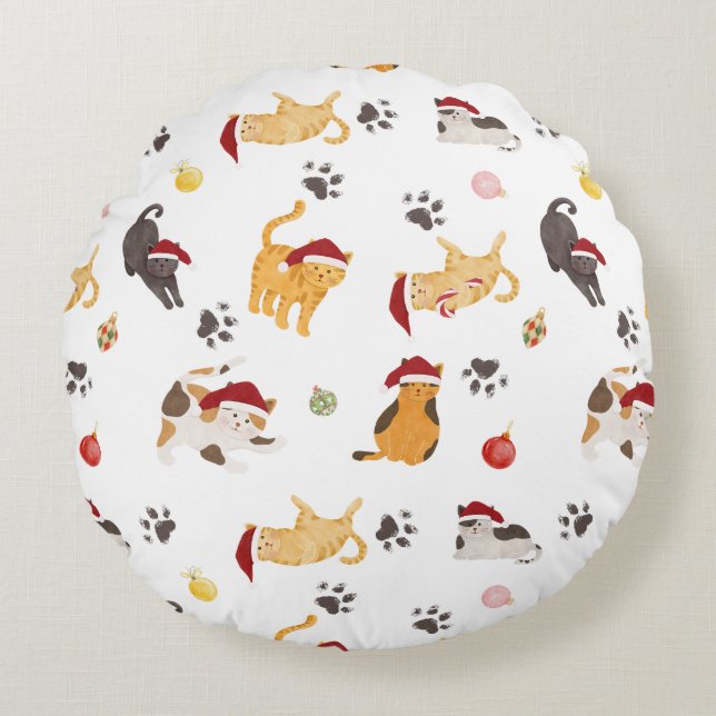 Almofada Redonda Cute Holiday Cat Pattern (Frente)
