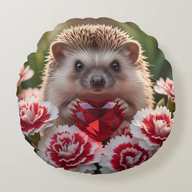 Almofada Redonda Cute January Hedgehog with Garnet Heart (Frente)