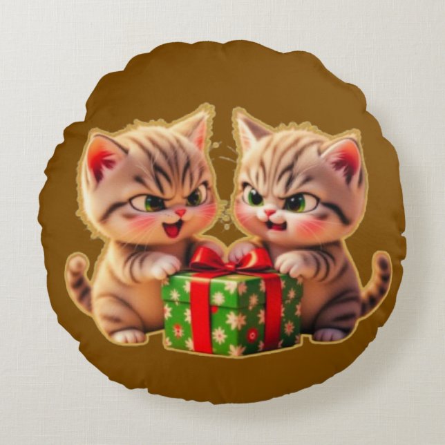 Almofada Redonda **Cute Kittens Fighting Over a Gift – Funny Christ (Frente)