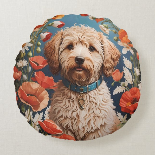 Almofada Redonda Cute Labradoodle Daisy E Poppy Flower (Frente)
