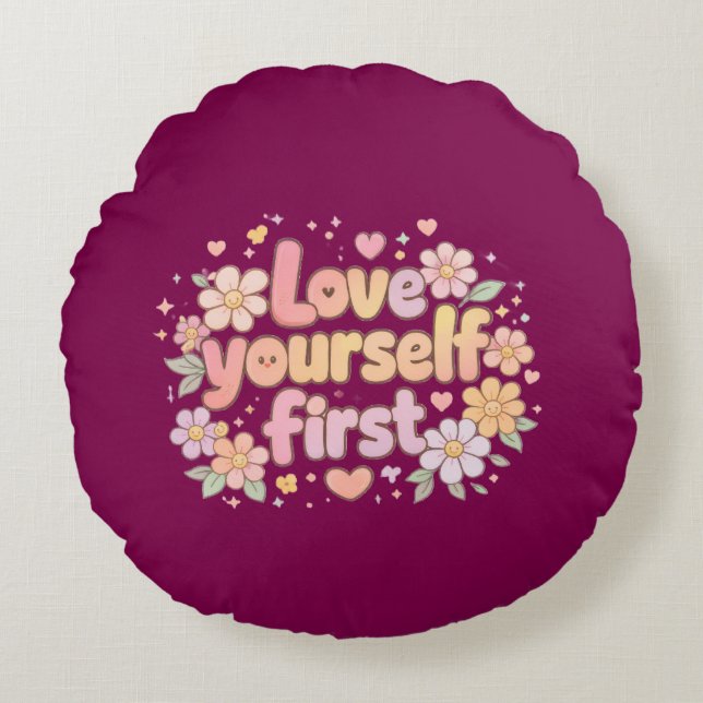 Almofada Redonda Cute Love Yourself Floral Quote Design | Gift Bag (Frente)