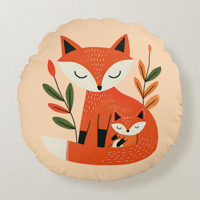 Almofada Redonda Cute Mama Fox& Baby Cub Whimsical Woodland Nursery (Frente)