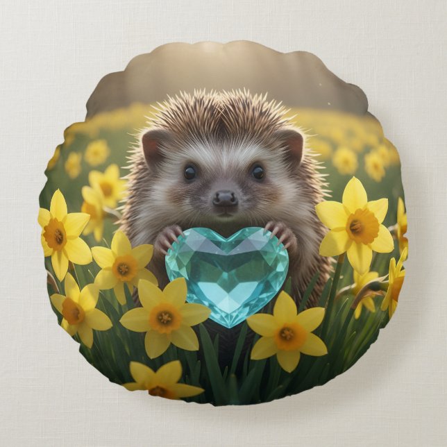 Almofada Redonda Cute March Hedgehog with Aquamarine Heart (Frente)